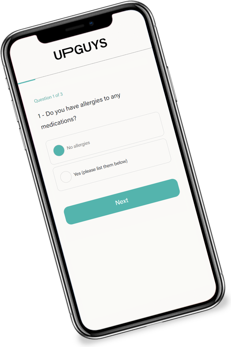 Un téléphone intelligent affichant le questionnaire de santé en ligne d’UPGUYS