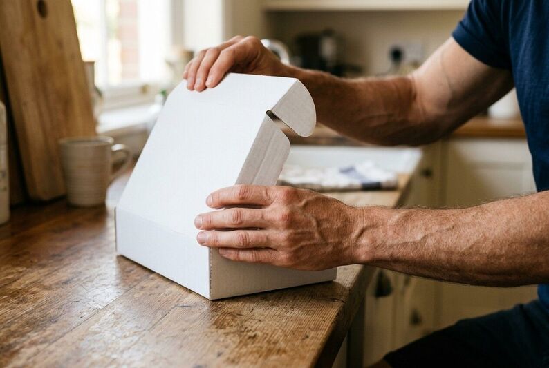 A plain unbranded UPGUYS box being opened at home