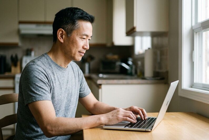 A man at home filling out the UPGUYS online questionnaire on a laptop